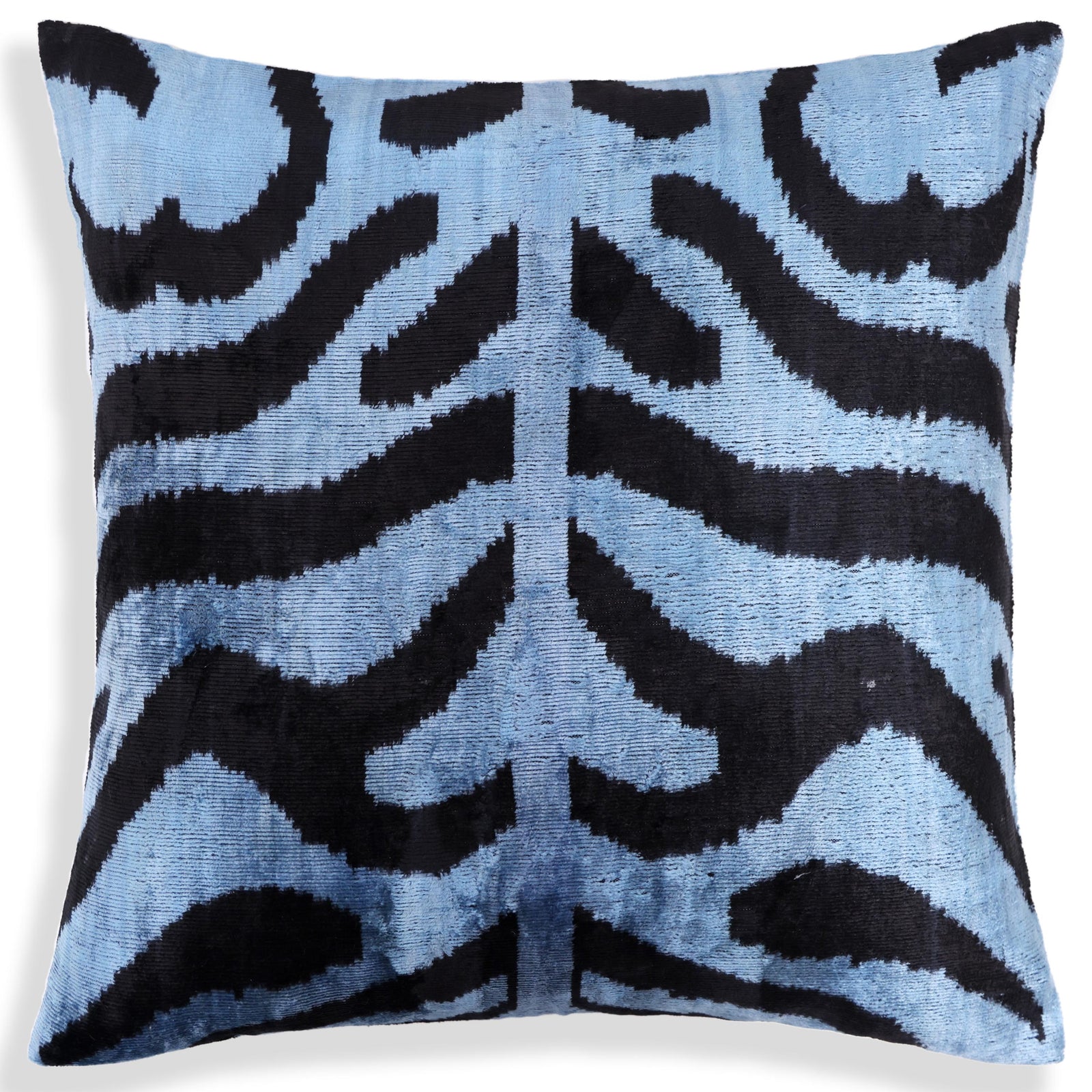 Blue Black Zebra Silk Velvet Pillow – 16x16 Handmade Ikat Cushion