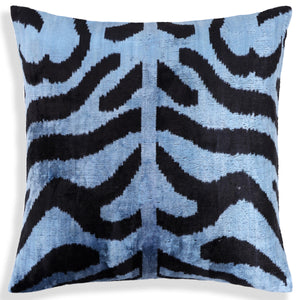 Blue Black Zebra Silk Velvet Pillow – 16x16 Handmade Ikat Cushion