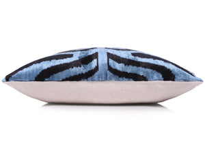 Blue Black Zebra Silk Velvet Pillow – 16x16 Handmade Ikat Cushion