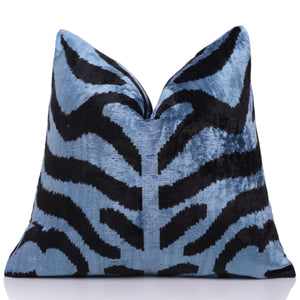 Blue Black Zebra Silk Velvet Pillow – 16x16 Handmade Ikat Cushion