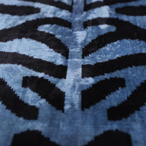Blue Black Zebra Silk Velvet Pillow – 16x16 Handmade Ikat Cushion