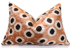 Copper Gold Black Dot Silk Velvet Lumbar Pillow – 16x24 Handmade Modern Cushion