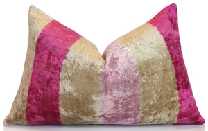 Pink Gold Striped Silk Velvet Lumbar Pillow – 16x24 Handmade Luxury Cushion