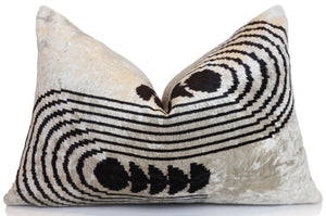 Black Silver Geometric Silk Velvet Lumbar Pillow – 16x24 Handmade Modern Cushion