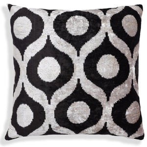 Black Silver Silk Velvet Pillow – 20x20 Handmade Modern Ikat Cushion