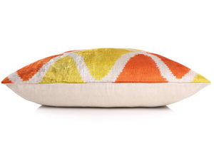 Orange Yellow Silk Velvet Lumbar Pillow – 16x24 Handmade Ikat Luxury Cushion