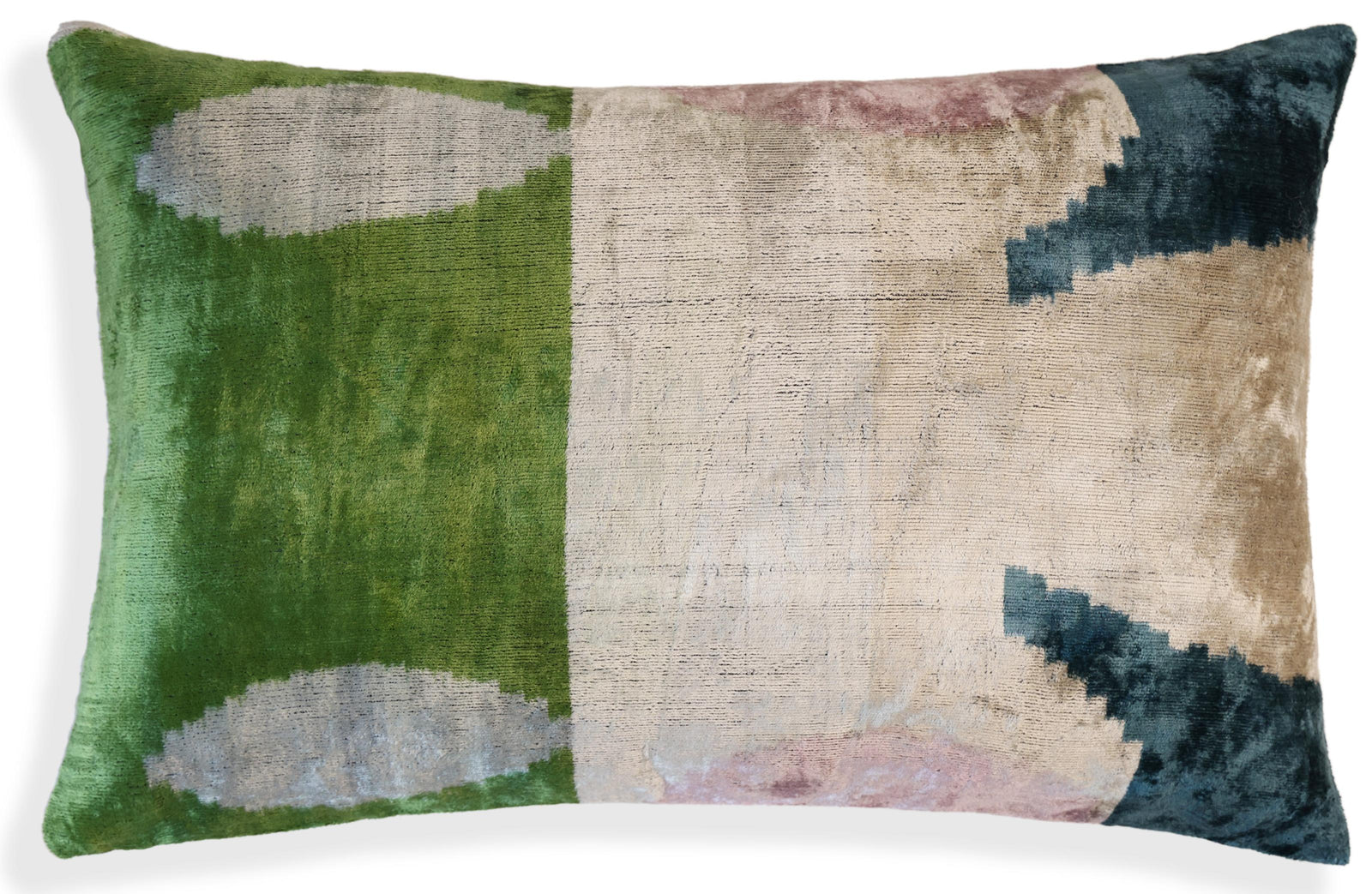 Green and Beige Abstract Silk Velvet Pillow 16x24 Handmade Luxury Cushion