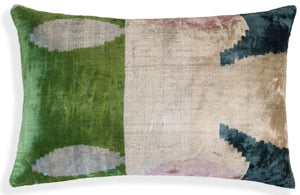 Green and Beige Abstract Silk Velvet Pillow 16x24 Handmade Luxury Cushion
