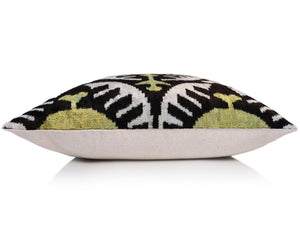 Green and Black Silk Velvet Ikat Pillow 16x16 Handmade Luxury Cushion