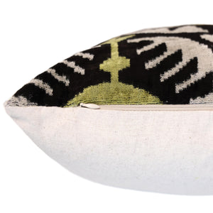 Green and Black Silk Velvet Ikat Pillow 16x16 Handmade Luxury Cushion