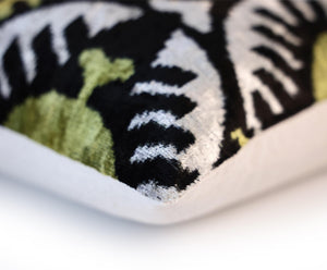 Green and Black Silk Velvet Ikat Pillow 16x16 Handmade Luxury Cushion