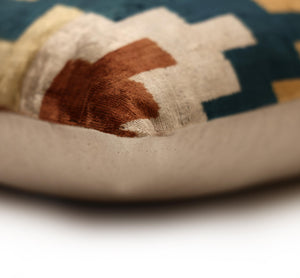 Geometric Rust and Teal Silk Velvet Pillow 16x24 Handmade Luxury Lumbar Cushion