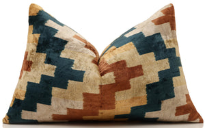 Geometric Rust and Teal Silk Velvet Pillow 16x24 Handmade Luxury Lumbar Cushion