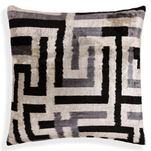 Black & Silver Maze Silk Velvet Pillow 16x16 Handmade Luxury Cushion