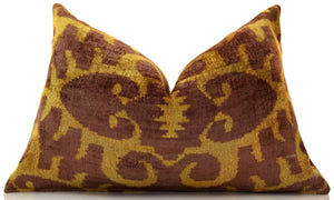 Hand-Knotted Ochre & Mahogany Ikat Lumbar Pillow - 16x24 Organic Dyed