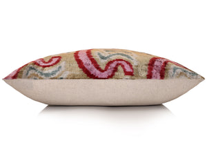 Hand-Knotted Scroll Ikat Silk Velvet Pillow - 20x20 Sand & Raspberry