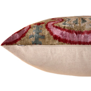 Hand-Knotted Scroll Ikat Silk Velvet Pillow - 20x20 Sand & Raspberry