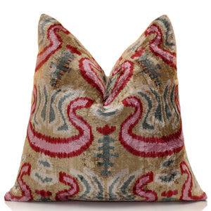 Hand-Knotted Scroll Ikat Silk Velvet Pillow - 20x20 Sand & Raspberry