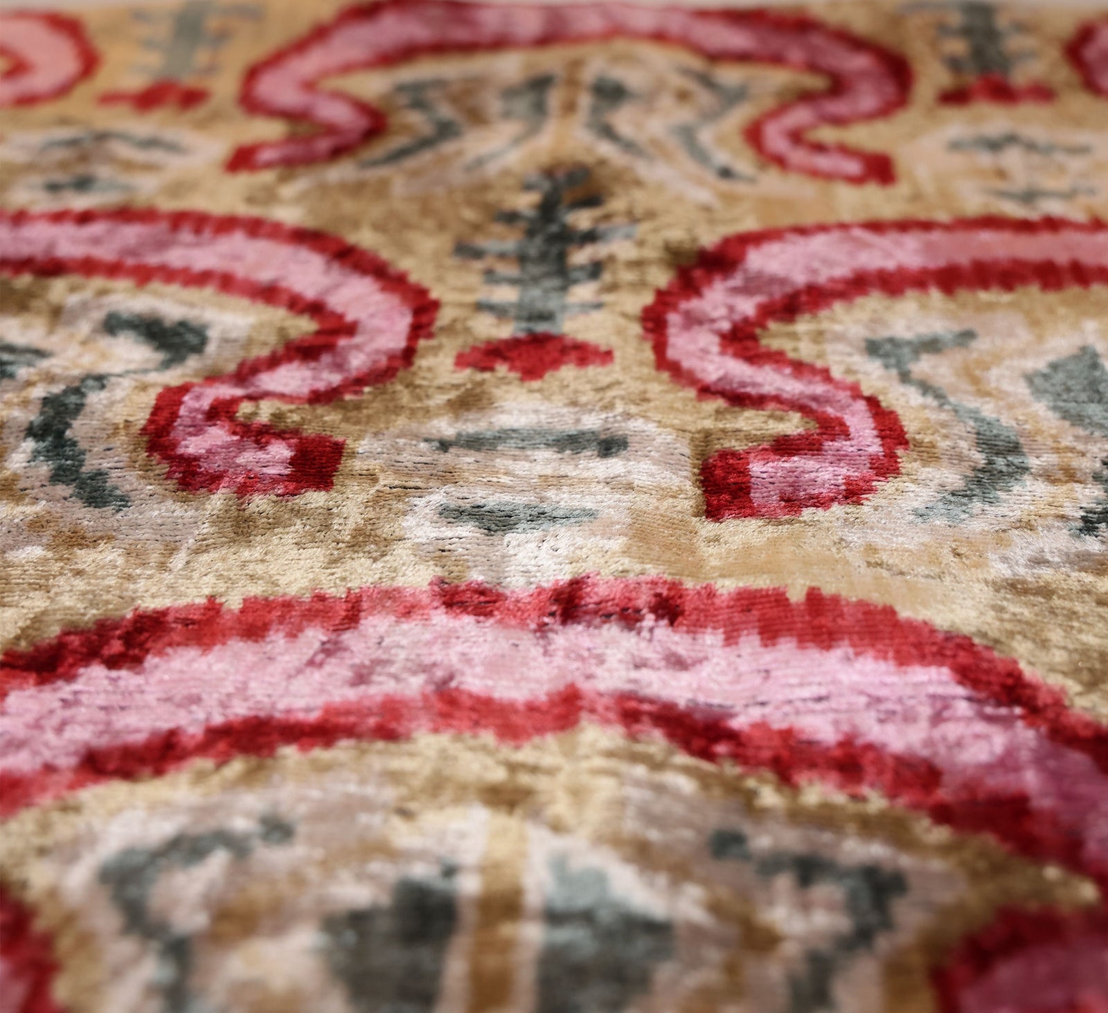 Hand-Knotted Scroll Ikat Silk Velvet Pillow - 20x20 Sand & Raspberry
