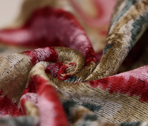 Hand-Knotted Scroll Ikat Silk Velvet Pillow - 20x20 Sand & Raspberry