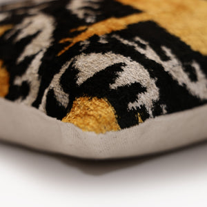 Luxury Black and Gold Silk Velvet Ikat Lumbar Pillow 16x24 Inch with Down Insert