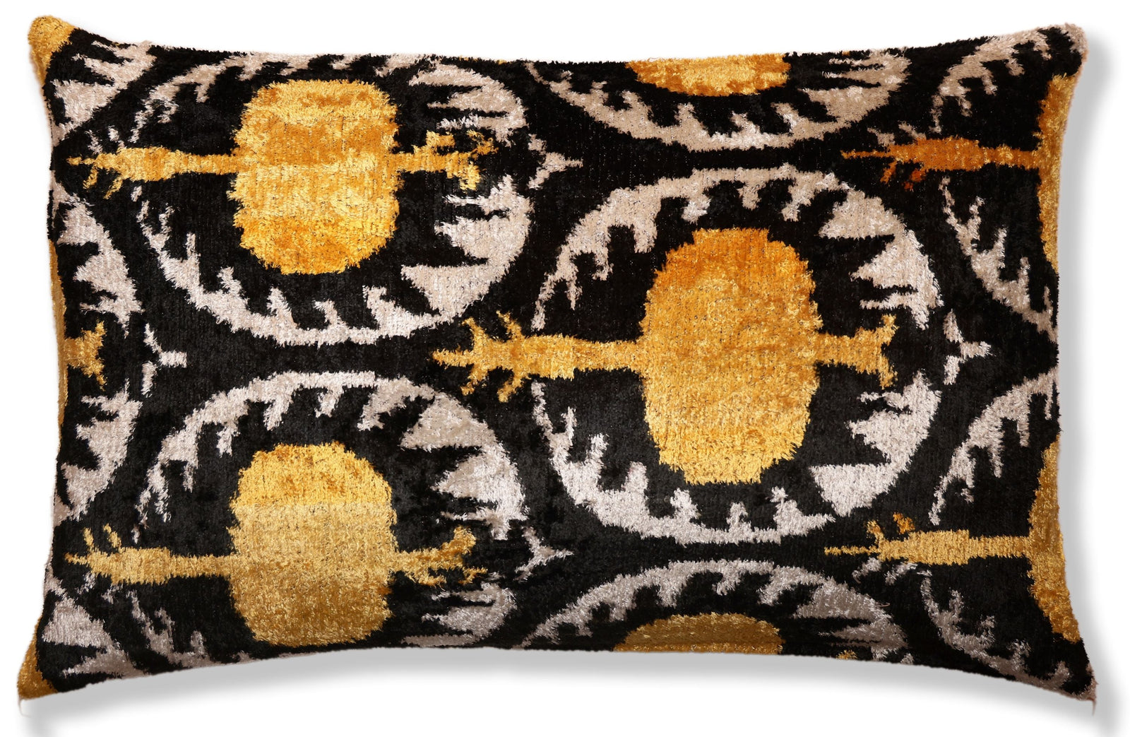 Luxury Black and Gold Silk Velvet Ikat Lumbar Pillow 16x24 Inch with Down Insert