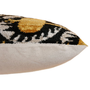 Luxury Black and Gold Silk Velvet Ikat Lumbar Pillow 16x24 Inch with Down Insert