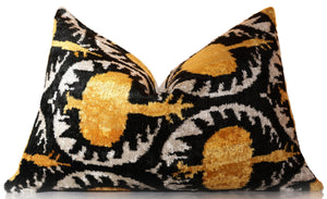 Luxury Black and Gold Silk Velvet Ikat Lumbar Pillow 16x24 Inch with Down Insert