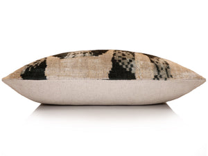 Luxury Black and Natural Silk Velvet Ikat Lumbar Pillow 16x24 Inch with Down Insert