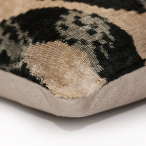 Luxury Black and Natural Silk Velvet Ikat Lumbar Pillow 16x24 Inch with Down Insert