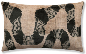 Luxury Black and Natural Silk Velvet Ikat Lumbar Pillow 16x24 Inch with Down Insert