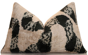 Luxury Black and Natural Silk Velvet Ikat Lumbar Pillow 16x24 Inch with Down Insert