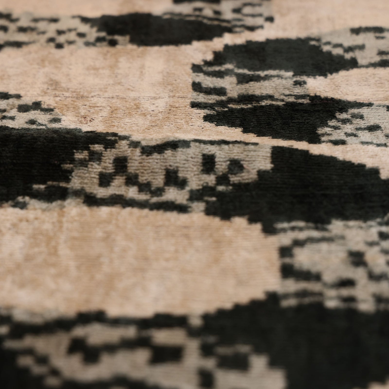 Luxury Black and Natural Silk Velvet Ikat Lumbar Pillow 16x24 Inch with Down Insert