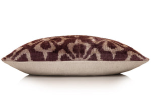 Luxury Silk Velvet Ikat Pillow in Mulberry and Cream 16x24 Inch with Down Feather Insert