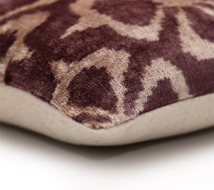 Luxury Silk Velvet Ikat Pillow in Mulberry and Cream 16x24 Inch with Down Feather Insert