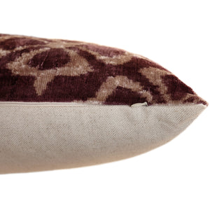 Luxury Silk Velvet Ikat Pillow in Mulberry and Cream 16x24 Inch with Down Feather Insert