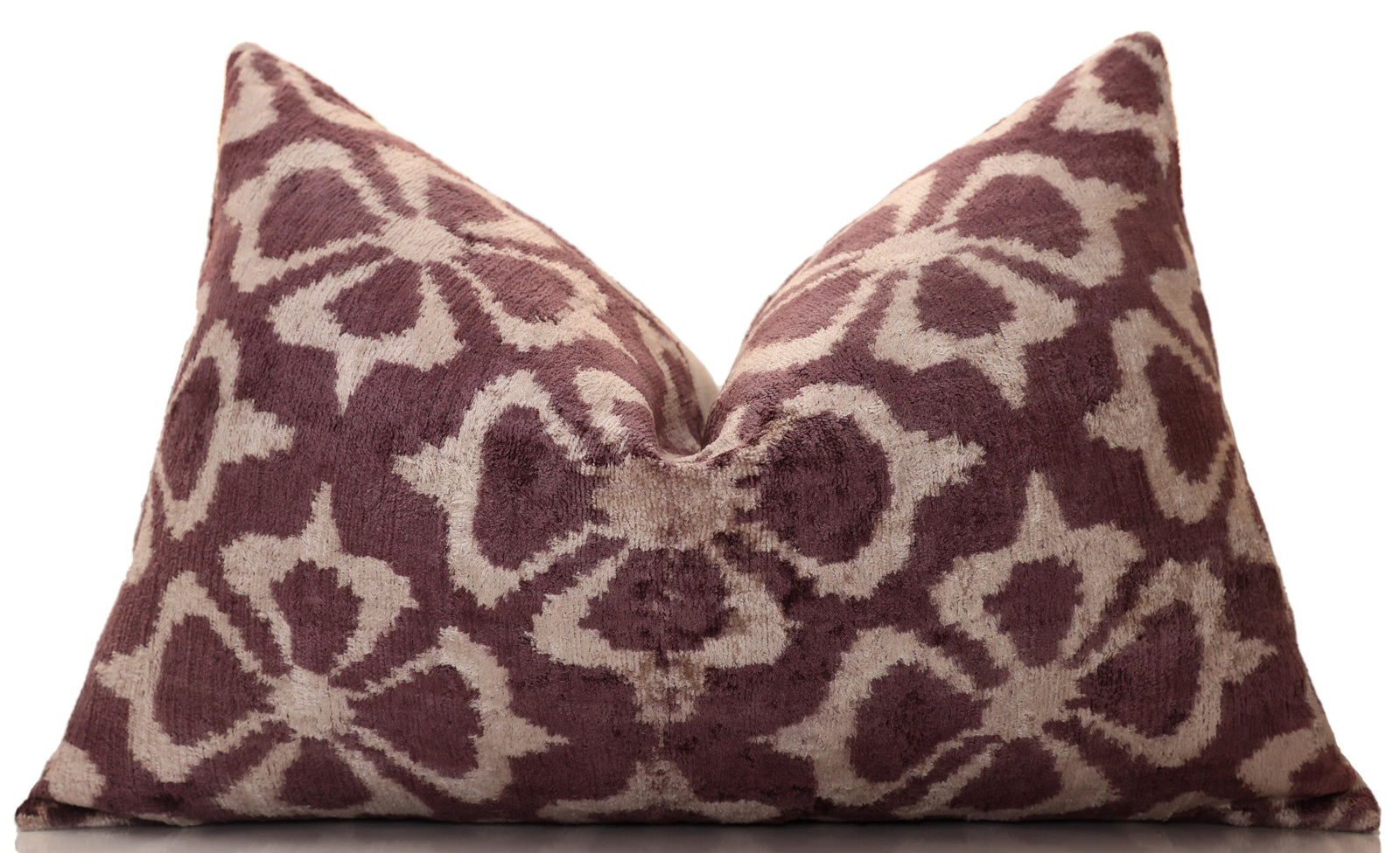 Luxury Silk Velvet Ikat Pillow in Mulberry and Cream 16x24 Inch with Down Feather Insert