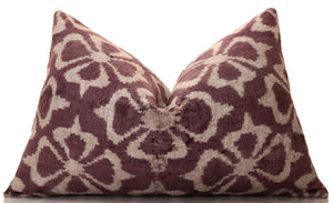 Luxury Silk Velvet Ikat Pillow in Mulberry and Cream 16x24 Inch with Down Feather Insert