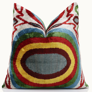 Handmade Silk Velvet Pillow 20x20 – Multicolor Ikat Circle Designer Cushion