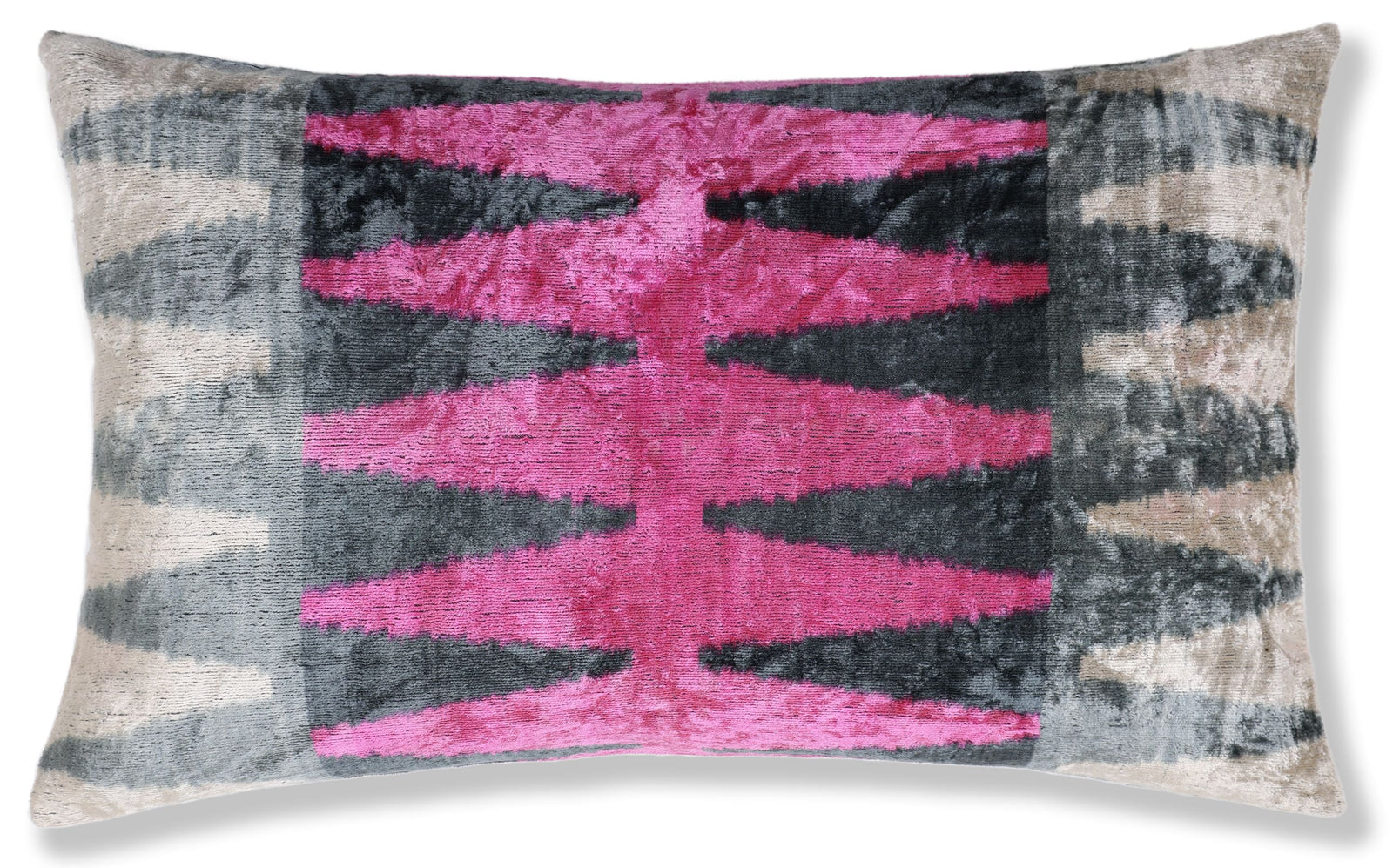 Luxury Pink, Charcoal and Natural Silk Velvet Ikat Lumbar Pillow 16x24 Inch with Down Insert