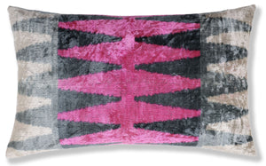Luxury Pink, Charcoal and Natural Silk Velvet Ikat Lumbar Pillow 16x24 Inch with Down Insert