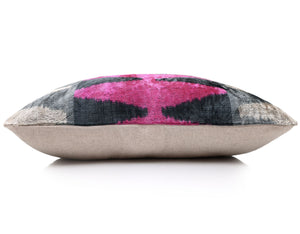 Luxury Pink, Charcoal and Natural Silk Velvet Ikat Lumbar Pillow 16x24 Inch with Down Insert