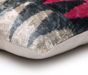 Luxury Pink, Charcoal and Natural Silk Velvet Ikat Lumbar Pillow 16x24 Inch with Down Insert