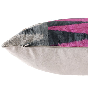 Luxury Pink, Charcoal and Natural Silk Velvet Ikat Lumbar Pillow 16x24 Inch with Down Insert