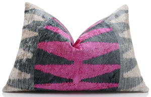 Luxury Pink, Charcoal and Natural Silk Velvet Ikat Lumbar Pillow 16x24 Inch with Down Insert