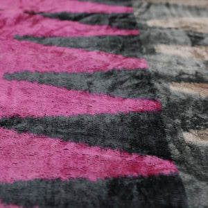 Luxury Pink, Charcoal and Natural Silk Velvet Ikat Lumbar Pillow 16x24 Inch with Down Insert
