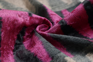 Luxury Pink, Charcoal and Natural Silk Velvet Ikat Lumbar Pillow 16x24 Inch with Down Insert