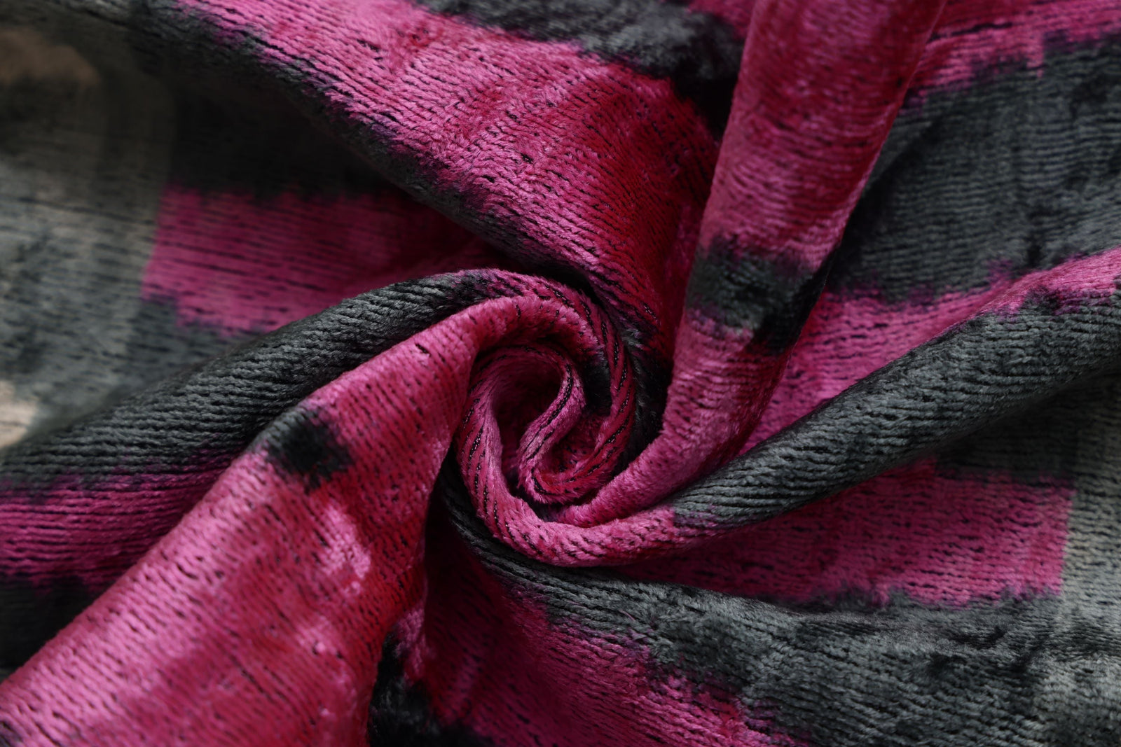 Luxury Pink, Charcoal and Natural Silk Velvet Ikat Lumbar Pillow 16x24 Inch with Down Insert