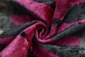 Luxury Pink, Charcoal and Natural Silk Velvet Ikat Lumbar Pillow 16x24 Inch with Down Insert