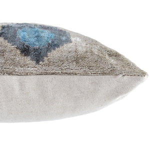 Handwoven Organic Silk Velvet Throw Pillow 20x20 – Neutral Taupe with Teal Ikat Motif